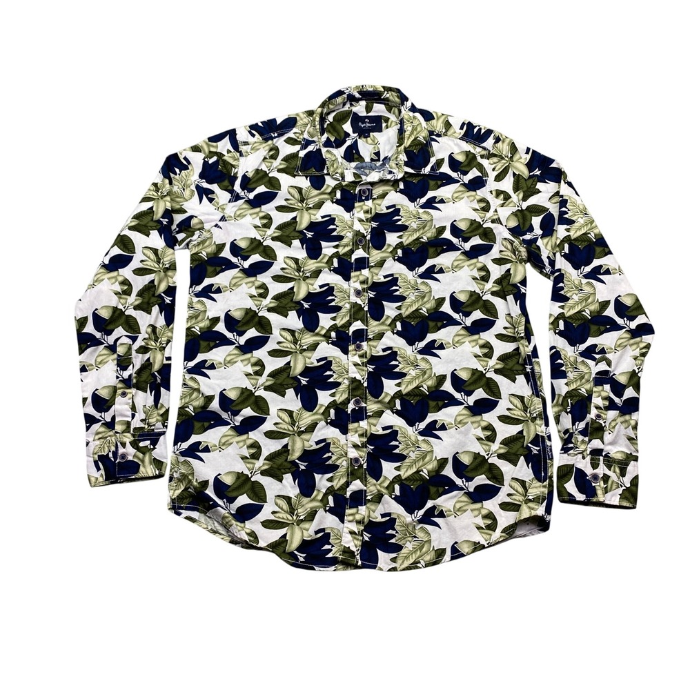 Pepe Jeans London Mens‎ Sz M White Green Navy Leaf Print Long Sleeve Button Down